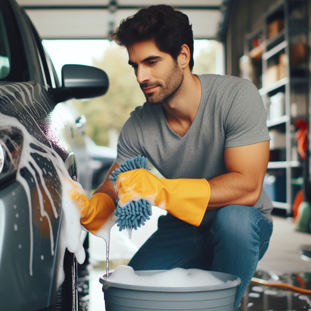 A man washing a car in his garage with a wash mitt and a bucket full of soapy water