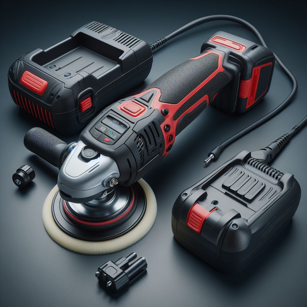 A cordless DA polisher with no cord, just battery powered and it has a spare battery pack and charger next to it