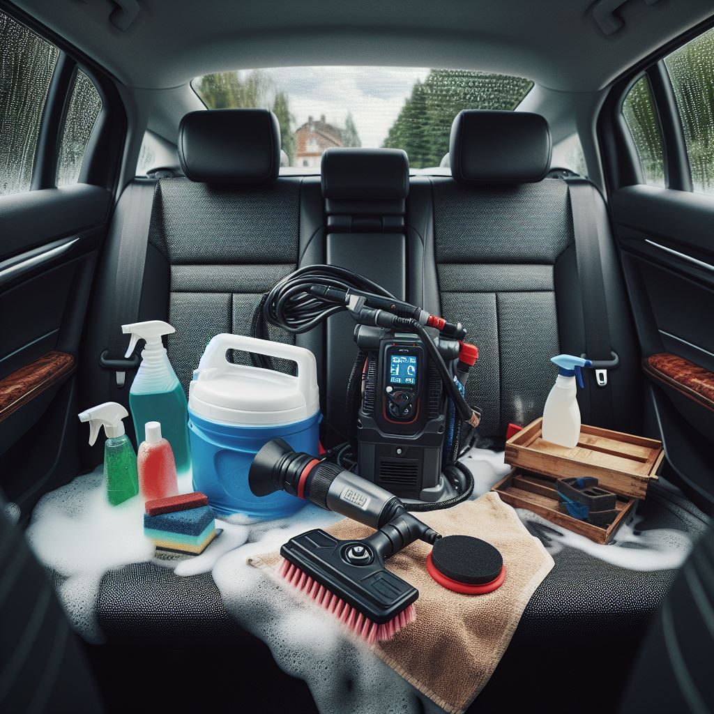 the backseat of a car with an electric pressure washer, cleaning supplies, and a buffer laying on the seat