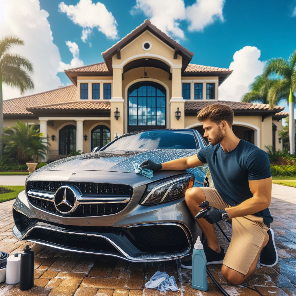 A man detailing a luxury car in front of a beautiful Florida home