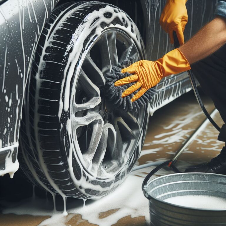 a mobile detailer cleaning a cars wheels with tire and wheel chemicals